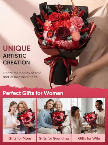 Bessol Flowers for Delivery Preserved Flower Bouquet Forever Fresh Flowers Birthday Gifts for Women Mom Anniversary Red Real Rose Gifts for Grandma Wife Girlfriend Sister Her from Daughter - color: Red Preserved Flower Bouquet, size: Large
