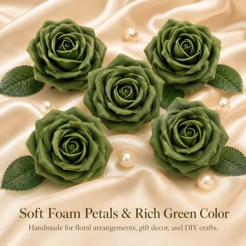 MACTING 30PCS Artificial Rose Flowers Real Touch Fake Flowers with Stem Green Foam Roses for DIY Wedding Bouquet Party Baby Shower Table Centerpieces Home Spring Decorations - color: Army Green-1, size: 30PCS