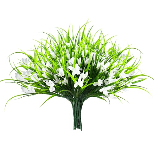 16 Bundles Artificial Plants Flowers for Outdoor Fake Monkey Grass with Flowers for Outside Planter Realistic UV Resistant Faux Plant for Garden Patio Pathway Front Porch(16, White) - color: White