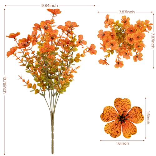 Lnoicy 20 Bundles Artificial Fake Mums for Outdoor Fake Plants for Autumn Decoration,Faux Eucalyptus Flowers for Planter UV Resistant Lifelike for Home Porch Garden (Fall Orange) - color: Fall Orange