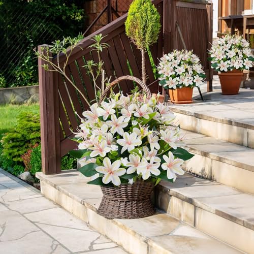 14'' Artificial Plants Fake Lily Flowers in Pot for Home Garden Indoor Outdoor Spring Summer Decorations (White) - color: White