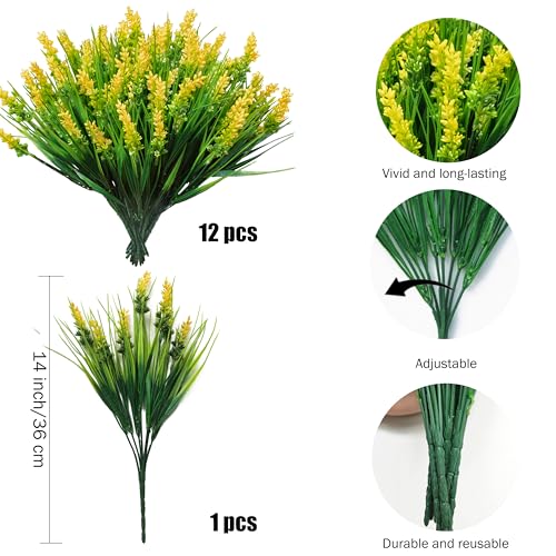 12 Bundles Artificial Plants Outdoor Fake Monkey Grass UV Resistant Faux Bushes with Fake Flowers Greenery for Home Front Porch Pathway Spring Summer Decor Garden Indoor Outside (Yellow) - color: Yellow