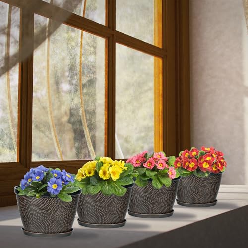 Quarut 4 Pack 6 Inch Flower Pots for Outdoor Indoor, Plastic Plant Pots with Drainage Hole & Saucer, Lightweight Small Flower Pot, Circle Pattern Planters for Garden House planters（Brown） - color: Circular Pattern-brown, size: 6 inch-4 Pack