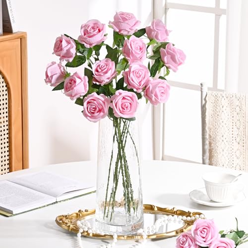 Waipfaru Pink Roses Artificial Flowers Bulk, Real Touch Velvet Roses with Wrapping Paper, 50 Pcs Fake Flowers for Wedding Centerpieces Bridal Bouquet Valentines Mothers Day Decor - color: Pink, size: 50 Pcs
