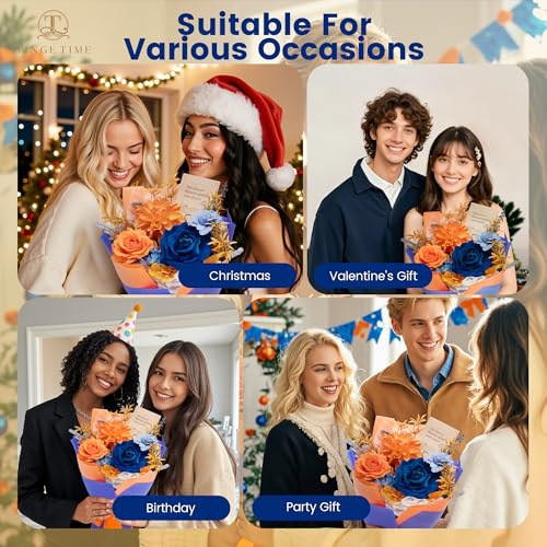 TINGE TIME Preserved Flowers Bouquet, Orange & Navy Blue Roses Gift Bouquet, Eternal Roses Bouquet for Wedding, Table Centerpieces, Mothers Day, Birthday Gifts, Anniversary, Graduation - color: Brunt Orange&Royal Blue