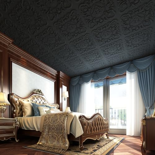 Art3dwallpanels 12 Pack Drop Ceiling Tiles, 24 x 24 Inch High Grade PVC 3D Wall Panels Vintage Flower Pattern for Interior Wall Decor, Fire Rated, Waterproof, Black - color: Black