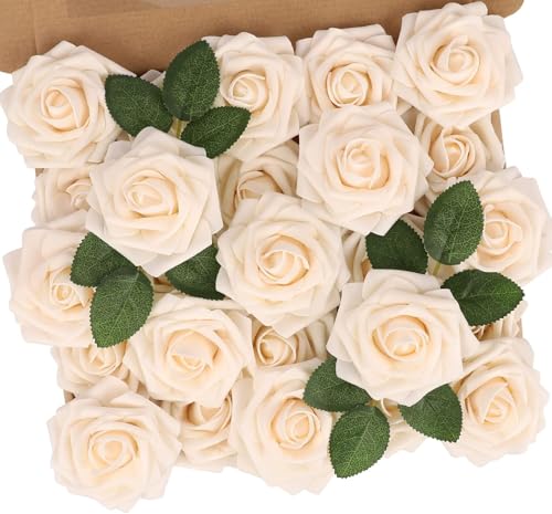 N&T NIETING Artificial Flowers, 25pcs Fake Flowers Bulk Perfect for DIY Fall Wedding Bridesmaid Bridal Bouquets Centerpieces Party Home Flower Arrangement Decoration, Cream Roses - color: Cream, size: 25pcs
