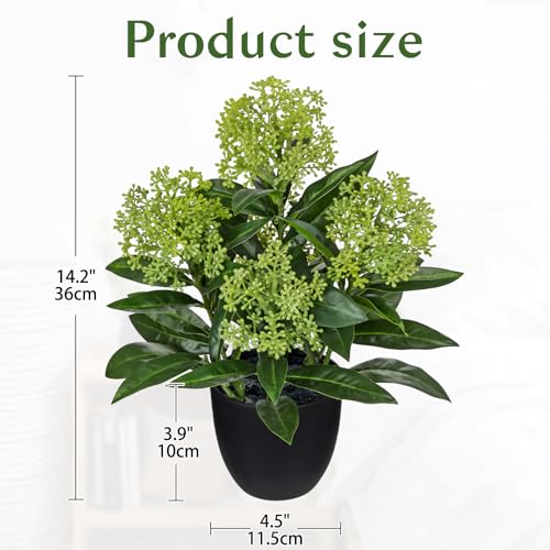 Briful Artificial Potted Flowers, 14.2in Realistic Faux Skimmia Japonica Flowers with Berries Silk Floral Centerpiece for Home Office Bathroom Kitchen Shelf Table Decor, Green - color: Green