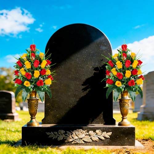 Artificial Cemetery Flowers - Set of 2 Grave Memorial Rose Flowers with Vase for Cemetery Headstones Gravesites Decoration (Red & Yellow) - color: Red & Yellow