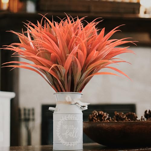8 pcs Fall Artificial Flowers for Outdoors Fake Orange Fall Grass Plants Yellow Faux Mum Greenery Bushes for Autumn Outside Front Porch Patio Garden Plastic Mums Shrubs Decor - color: Orange Green Grass Plant, size: 8pcs