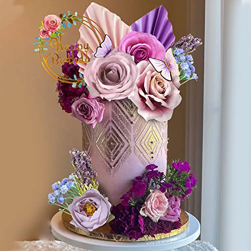 17 PCS Flower Cake Toppers Butterfly Cake Decorations Happy Birthday Cake Toppers with Artificial Purple and Pink Rose Eucalyptus for Birthday Wedding (Purple) - style: Purple