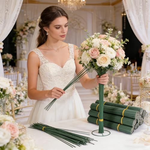 100Pcs Flower Stem Wire, 2.0mm 14 Gauge Sturdy Iron Sticks for Artificial Flowers, DIY Bouquet Crafting, Stem Wrapping, Plant Support and Multi-Use Crafts, Green (100pcs, 10 Inch/25cm) - size: 10 Inch /25cm