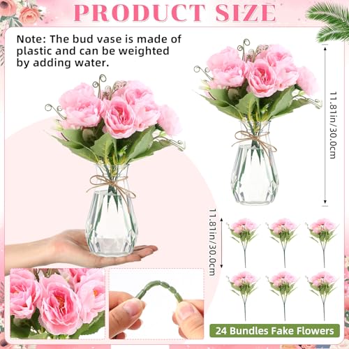 Zeyune 37 Pack Artificial Peonies Flowers with Bud Vase Bulk 24 Bundles Silk Peonies Bouquets 12 Plastic Clear Vase with 1 Rope Fake Flowers for Table Centerpiece Vases(Pink,Perfume) - color: Pink, style: Perfume