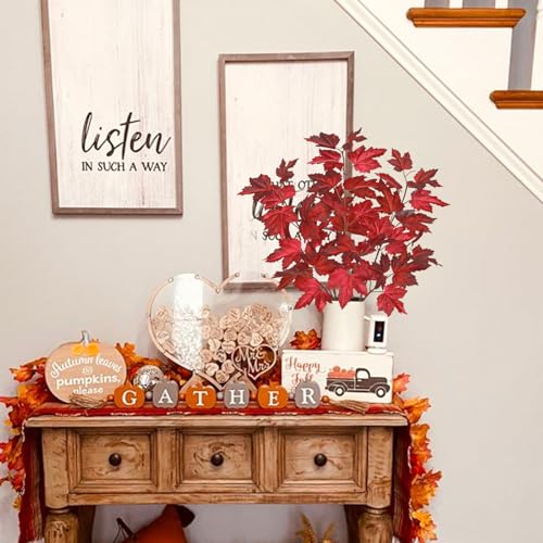 3Pcs Fall Decor Artificial Maple Leaves Branches Fake Fall Leaves Stems Plants Faux Maple Shrubs Leaf Bushes for Home Kitchen Decor Autumn Thanksgiving Fireplace Festival Party Decorations Light Red