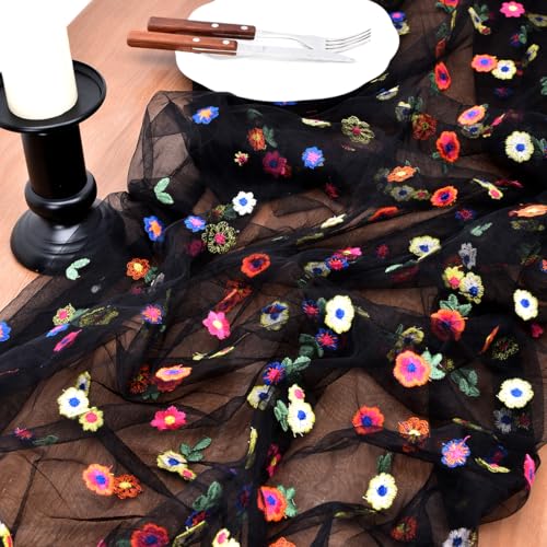 Joanlody 3pcs Black Embroidery Daisy Spring Summer Table Runner 10ft Florals Seasonal Tulle Table Runner for Home Garden Tea Party Holiday Birthday Decoration - color: Black, size: 10ft x 3pack
