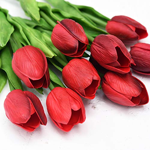 FiveSeasonStuff Real Touch Tulips Artificial Flowers – 15 Stems Faux Tulip Bouquet in Gift Box for Wedding, Home Decor, Party, Floral Arrangements (Currant Red) - color: #8 Currant Red