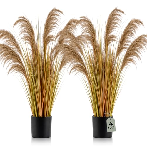 Jexine 2 Pcs Pampas Grass Potted Plants 4 ft Tall Artificial Grass Potted Artificial Greenery Floor Plants Tall in Pot for Housewarming Gift House Garden Bathroom Lobby Outdoor Decoration (Autumn) - color: Mainly Yellow, size: 4 ft