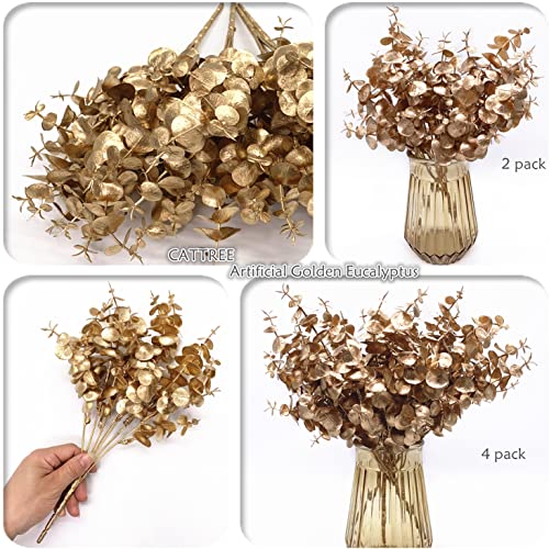 Artificial Gold Plants Decorations, Fake Plastic Golden Eucalyptus Shrubs Faux Simulation Foliage for Christmas Wedding Party Indoor Hotel Hall Home Table Centerpieces DIY Decor Planting Filler 2 Pack - color: Gold Eucalyptus -2 Pcs