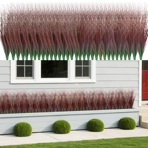 100Pcs Artificial Grass Plants, Faux Shrubs Wheat Grass, Artificial Tall Grasses Fake Plants for Outdoor Decor,Artificial Greenery Stems Weed for Room Indoor Home Decor（Red） - color: Red, size: 100Pcs