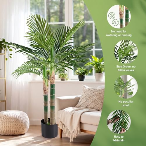NEWBULIG 47in Artificial Palm Tree, Double Stalk Golden Cane Palm with Lush Realistic Leaves, Large Faux Plant for Living Room, Maintenance Free Home Decor