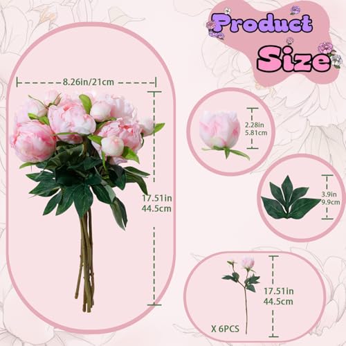 ucky 6PCS Pink Peonies Artificial Flowers, Realistic 2 Heads Silk Peonies with Stems & Buds, 17.51" Faux Peony Bouquets for Wedding Centerpieces DIY Home Table Vase Decor - color: Pink