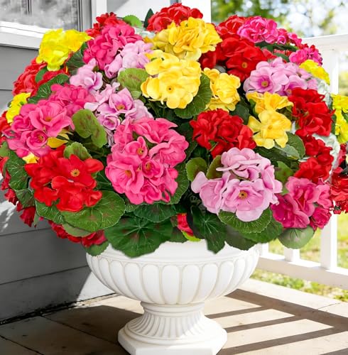 8 Bundles Artificial Geraniums Flowers for Outdoors Summer Decoration, Fake Flowers Silk Color Flowers UV Resistant No Fade Look Real Faux Plants for Porch Gardens Planter Patio Spring Cemetery Decor - color: Colors