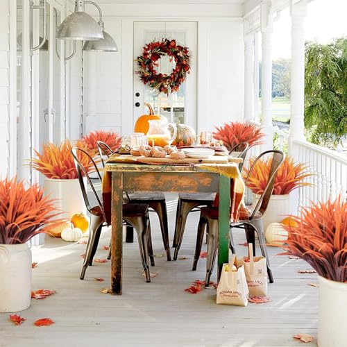 8 pcs Fall Artificial Flowers for Outdoors Fake Orange Fall Grass Plants Yellow Faux Mum Greenery Bushes for Autumn Outside Front Porch Patio Garden Plastic Mums Shrubs Decor - color: Orange Green Grass Plant, size: 8pcs