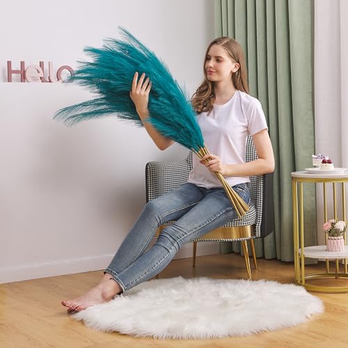 7 Pcs 45" Faux Pampas Grass – Fluffy Artificial Pompous Grass for Tall Floor Vase, Non-Shedding Home Decor, Boho Wedding Flowers, Baby Shower Centerpieces, Bedroom & Living Room Decor (Blue) - color: Blue