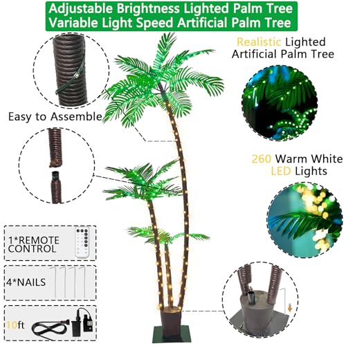 SOSHOT 6FT Lighted Artificial Palm Tree with Three Trunks and Upgraded 260 LED Lights - Outdoor/Indoor Use, Perfect for Tiki Bars, Patios, Homes, Offices, Beaches, Yards Pool and Cruise Party - style: 6FT Upgraded Electric
