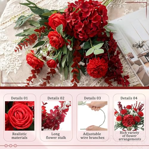 Suncalla 36 Pcs Red Artificial Flowers Bouquet Set 8 Kind Faux Delphinium Rose Peony Chrysanthemum Hydrangea Baby's Breath Florals with Greenery Long Stem for Wedding Table Vase Decor - color: Red