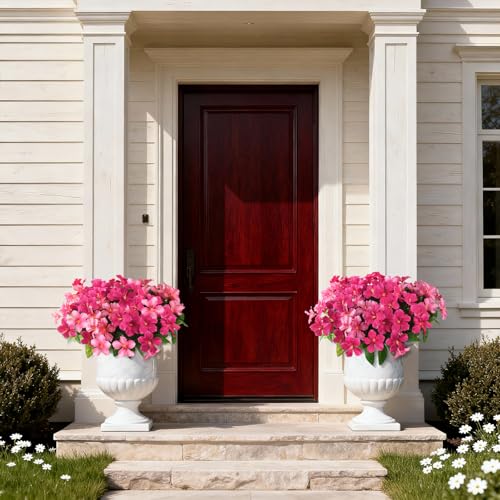 Homsunny Artificial Flowers for Outdoor, Fake Silk Flowers UV Resistant, Realistic Faux Plants Flowers for Front Door Porch Planter Patio Yard Garden Spring Decor - color: Rose Red+pink