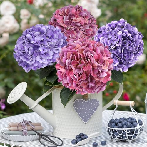 8pcs Hydrangea Artificial Flowers Purple Magenta Fake Silk Hydrangea Flower Stems for Bouquets UV Resistant Realistic Faux Plants Home Outdoor Wedding Party Centerpieces Decor (Purple, Magenta, 8 PCS) - color: Purple, Magenta