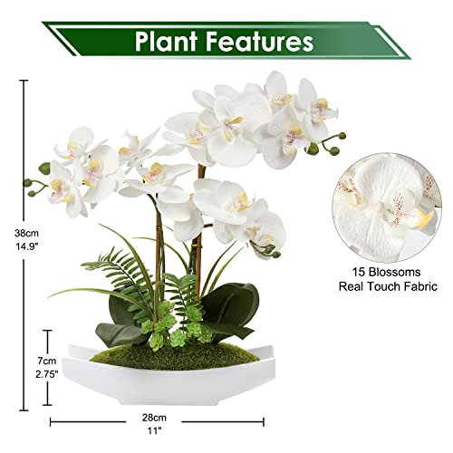 Briful Orchids Artificial Flowers 15" Large Fake Orchid White Phalaenopsis Orchid Flower Arrangements with Vase Faux Orchid for Home Living Room Table Centerpiece Office Table Decor - color: White#4