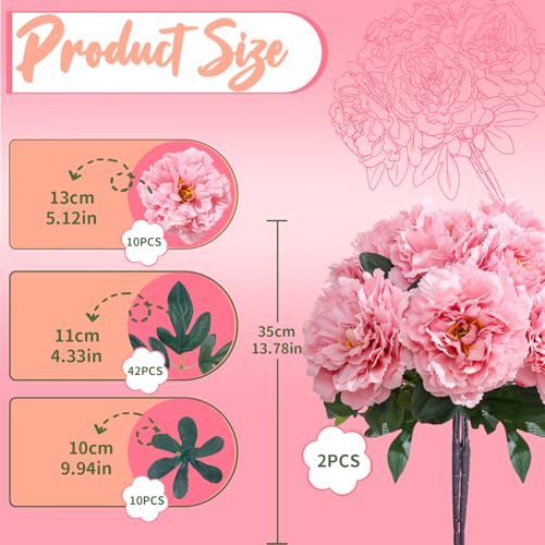 Deep Pink Premium Silk Artificial Peonies, 2 Bouquets (10 Large 5.12" Heads), 13.78" Tall Fake Floral Arrangements for Wedding Centerpieces, Home Decor & Indoor Vase Display - color: Deep Pink New