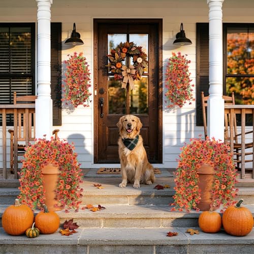 Artificial Fall Fake Flowers for Outdoor, 2 Pcs Faux Hanging Flowers Outdoor Fall Decor, UV Resistant No Fade Fake Mums Silk Flower for Front Door Porch Planters Patio Yard Garden(Orange Autumn Red) - color: Orange Autumn Red