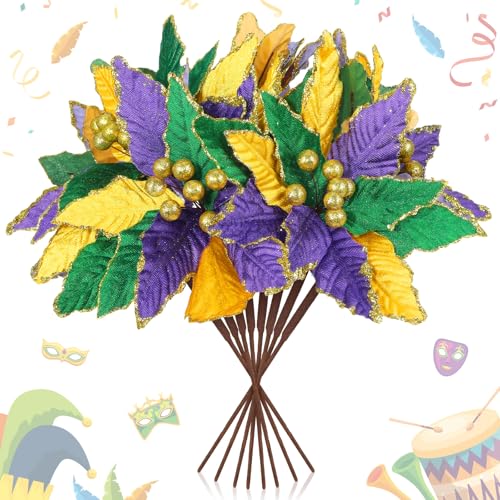 Giegxin 8 Pcs 8'' Mardi Gras Flowers Mardi Gras Poinsettia Flowers Artificial Poinsettia Stems Velvet Purple Gold Green Ornaments Fold Floral for Holiday Party Decorations - color: Purple Gold Green
