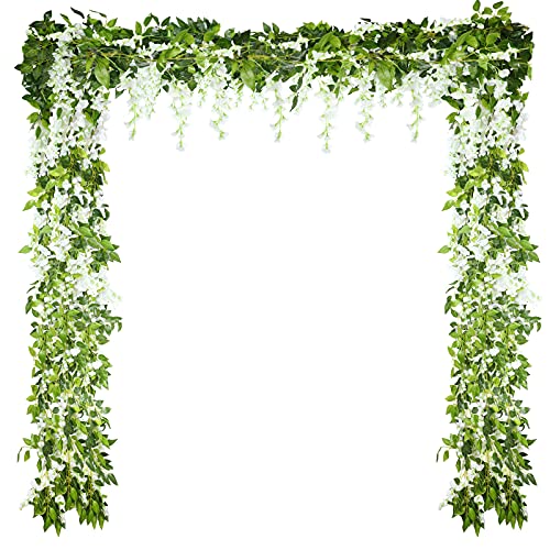 Syhood 4 Pieces 26 ft in Total White Artificial Wisteria Garland Hanging Flowers Vine Wedding Silk Wisteria Hanging Flower for Wedding Arch Home Garden Party Outdoor Decor - color: White