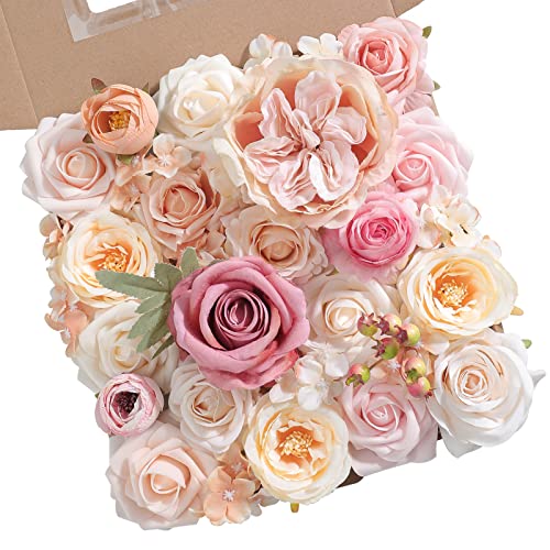 rongflower Artificial Flowers Combo Box Set Champagne Pink Fake Flower Leaves Box with Stems for DIY Wedding Bouquets Centerpieces Arrangements Bridal Shower Party Home Decorations - color: Champagne Pink