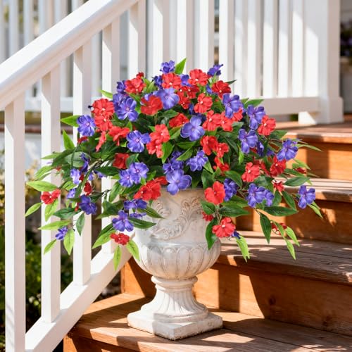Hommyea Artificial Flowers for Outdoor, 2 Bundles UV Resistant Fake Plants Decoration Realistic Faux Silk Flowers No Fade Plastic Flowers for Outside Planters Home Porch Patio Yard Garden Decor - color: Red Deep Blue