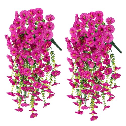 Ivydale 2 PCS Artificial Hanging Flowers Fake Plants Outdoor,Silk Morning Glory Faux Flowers with Eucalyptus Leaves,UV Resistant Realistic Hanging Petunias Plants for Home Garden Decor (Fuchsia) - color: Fuchsia