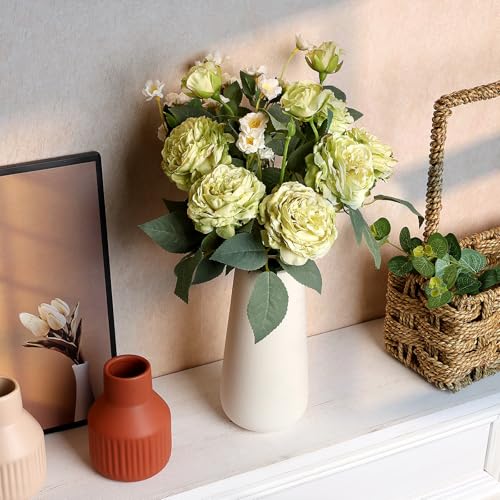 Fake Flowers in Vase, 16 Inch Silk Flower Arrangements with Ceramic Vase Artificial Rose Peony for Home Office Kitchen Bathroom Indoor Decor - Sage Green - color: Sage Green
