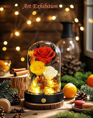 Preserved Roses in Glass Dome, Forever Flowers for Delivery, Yellow Rose Valentines Day Anniversary Birthday Gifts for Wife Women Her Orange Flowers - color: New Orange
