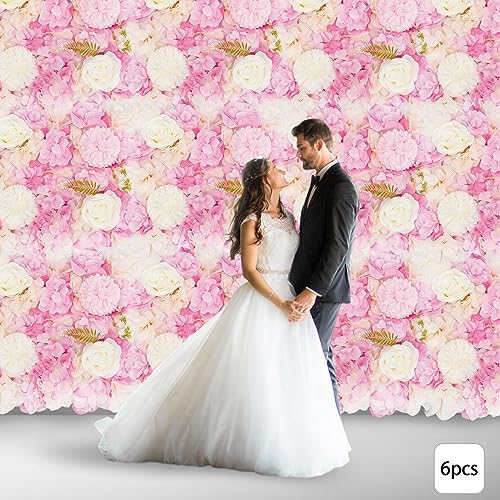 Artificial Flower Wall Panels, 6PCS Dahlia+Rose+Hydrangea Wedding Flower Wall, 3D Floral Panels Artificial Floral WallMat Flower Screen for Photo Party Wedding WallBackground Decor, White+Pink - color: 6 Pcs Pink+white