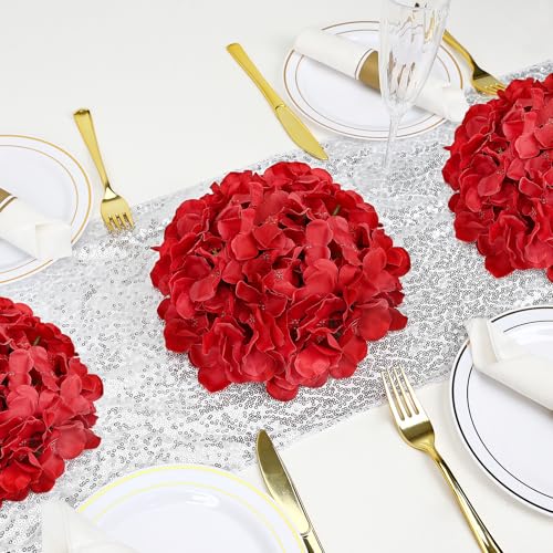 Hydrangea Flower Balls for Centerpieces - 12 PCS Artificial Floral Arrangement with Base, 8 Inch Diameter Fake Silk Kissing Ball for Wedding Table Home Party Decor - Red - color: Red-8 Inch-12 Pcs, size: Small Size