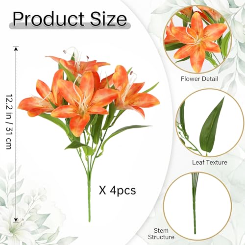 4 Bundles Lily Artificial Flowers 20Heads Orange Lilies with Stems 12.2" Easter Lily Fake Flowers for Summer Wedding Home Party Table Decor Centerpieces Floral Arrangements (Orange) - color: Orange