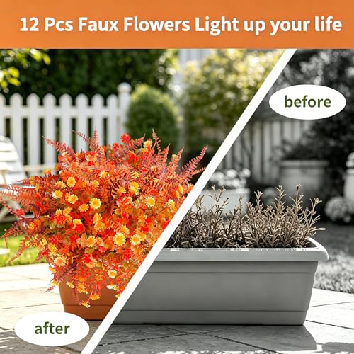 Artificial Flowers for Outdoor Indoor Decoration, Faux Flower Daisy with Eucalyptus Leaves Fake Plants Dried Flower Greenery Boxwood Porch Patio, 12 Bundles (Orange Yellow Burgundy) - color: Orange Yellow Burgundy