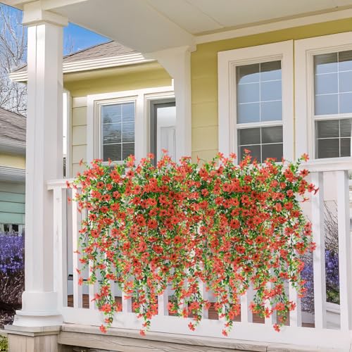 ZFProcess Artificial Hanging Flowers for Outdoors, 2 Pcs Fake Hanging Plant Spring Summer Decor, UV Resistant No Fade Realistic Faux Flower for Front Door Porch Planter Patio Garden Yard (Red) - color: Red