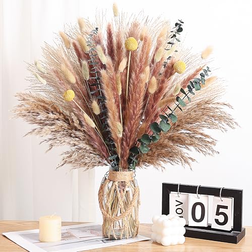 Bohemian Golden Wheat & Pampas Grass Bouquet – Warm Earthy Dried Floral Arrangement with Yellow Accents in Woven Vase (Mocha Tones) - color: Mocha Tones
