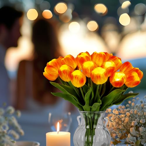 HOMESEASONS 20 Stems LED Lighted Artificial Flowers Tulip Lamp Real Touch Tulips Faux Flower Lights for Valentine's Day and Easter Home Kitchen Wedding Dining Table Decor(Orange) - color: Orange