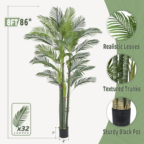 Roselywed Artificial Areca Palm Tree 8FT with 32 Leaves Realistic Tall Large Fake Faux Tropical Silk Plant 96 Inch Black Pot for Indoor Home Office Porch Mall School Decor Housewarming Gift - size: 8ft
